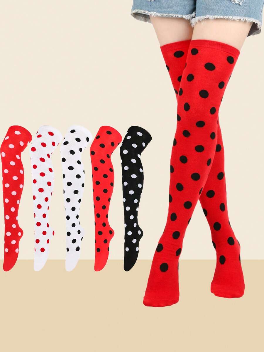 1 par de medias altas de Navidad para mujer - Medias hasta la rodilla a rayas con lazo y pompón, medias para fiesta de disfraces navideños, medias hasta la rodilla a lunares rojos y negros tipo mariquita - Medias decorativas para baile de máscaras, accesorios para fiestas y cosplay - Multicolor - Ver 1