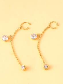 2pcs Minimalist Double Hoop Rhinestone Chain Dangle Earrings, Fashion Accessory - Jhumka - View 7