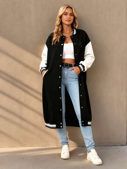 加大码长款棒球领外套，纽扣前襟，常规长袖，针织面料，略带弹性