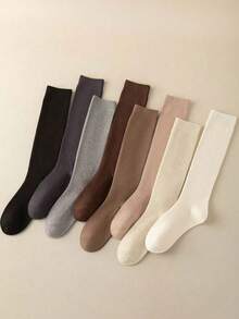 1 Pair Women's Cotton Solid Color Ribbed Knee High Socks, Fashionable Minimalist School Style - Multicolor - View 2