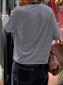 Striped Contrast Ribbed Long Sleeve Loose Women Tops