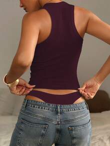 Mystra Women's Solid Color Ribbed Tank Top, Minimalist Vintage Style, V-Neck, Versatile Casual High-Quality Summer Tank - Red Violet - View 4