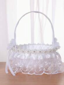 1个优雅白色蕾丝婚礼花篮，带蝴蝶结 - 便携式仪式装饰、新娘礼物、派对用品、手工饰品、婚礼配饰，非常适合婚礼季、情人节婚礼花篮
