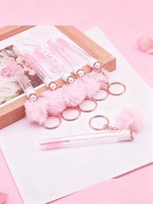 1/3/5pcs Pink Diamond & Pearl Crown Plush Ball Keychain Eyelash Brush Eyebrow Brush Portable Tube Makeup Brush Set, Convenient Travel Makeup Tool - Pink - View 1