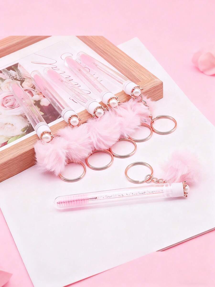 1/3/5pcs Pink Diamond & Pearl Crown Plush Ball Keychain Eyelash Brush Eyebrow Brush Portable Tube Makeup Brush Set, Convenient Travel Makeup Tool - Pink - View 1