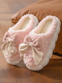 2025 New Arrival Women's Plush Bow Slippers | Warm Fluffy Indoor Shoes | Thick Sole Non-Slip Open Toe Bedroom Slippers (Best Selling) - Khaki - View 5