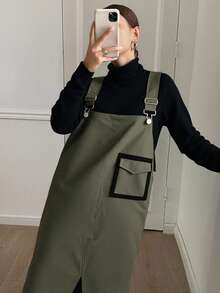 Livesso Váy dây phối màu thời trang nữ dáng rộng, thích hợp cho các buổi đi chơi mùa thu - màu xanh lá - Xem 3