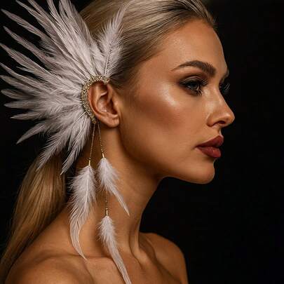 1 pieza Pendientes de pluma con strass vintage exagerados, Orejera de pluma con flecos, Accesorios de estilo hada para actuaciones en el escenario de Navidad, Boda