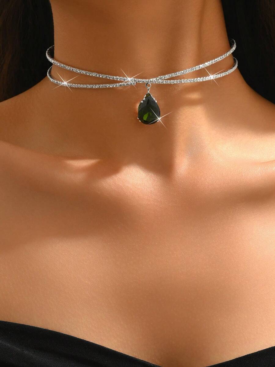 1pc Women's Fashion Luxurious Elegant Rhinestone & Zirconia Crossover Choker Necklace, Suitable For Daily Wear And Parties - Green - View 1