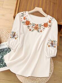 Plus-Size Women's Embroidered Multi-Functional Casual Top, Spring/Summer Shirt - 白色 - 查看 4