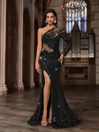 Glittrande enfärgade paljettklänningar med en axel och asymmetrisk halsringning och hög slits