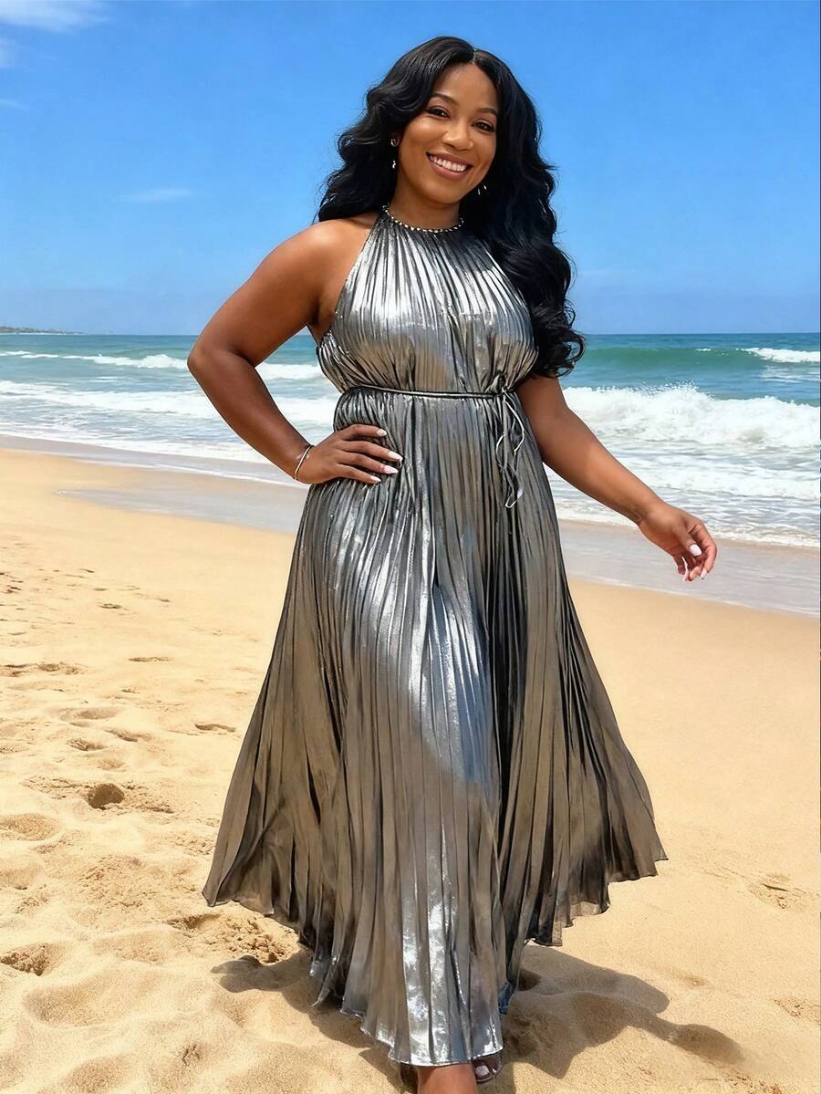Plus Size Women Pleated Design Sleeveless Party Cocktail Dress - Silver - View 1