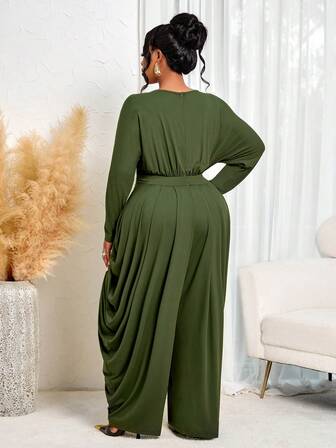 BIUBIU 女装大码秋冬休闲优雅V领长袖宽松阔腿裤，高弹针织绿色连体裤，适合居家/休闲/新年女装/万圣节