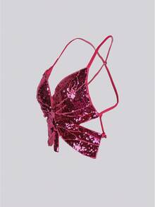 性感粉色系带露背亮片蝴蝶结短款上衣，音乐节必备单品 - 玫紅色 - 查看 3