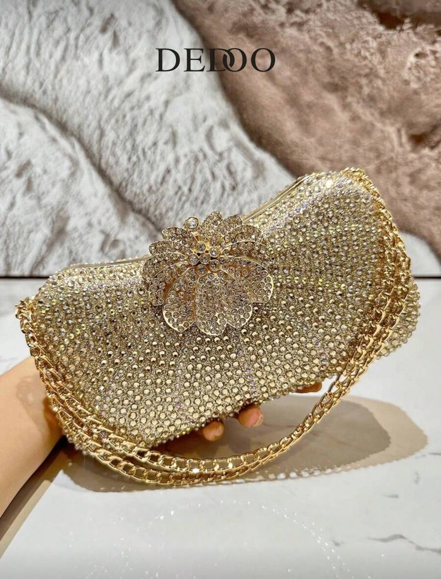 1pc New Luxury Chain Gold Rhinestone Bling Banquet Bag Crossbody Rainbow Clutch Bag Beaded Evening Handbag For Ladies, Suitable For Formal Occasions Like Dinner Party,Wedding,Banquet,As Gift For Women - 金色 - 查看 1