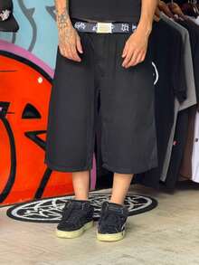 Black Baggy Denim Bermuda Shorts, Bear, Sow Culture Street Skate, New Product On , Launch. - 黑色 - 查看 4