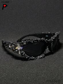 Diamond Heart Cross 1pc Futuristic Punk Rock European & American Party Hip Hop Fashion Glasses, New Drip Glue Asymmetrical Fashion Glasses, Personalized Drip Glue Hip Hop Street Dark Cyberpunk Fashion Glasses, Large Asymmetrical Frame European & American Dark Style Personalized Fashion Glasses, Party Drip Glue Goggles, Street Fashion Glasses, Handmade Drip Glue Spiky Punk Cool Fashion Glasses