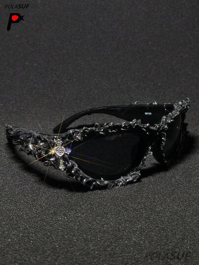 Diamond Heart Cross 1pc Futuristic Punk Rock European & American Party Hip Hop Fashion Glasses, New Drip Glue Asymmetrical Fashion Glasses, Personalized Drip Glue Hip Hop Street Dark Cyberpunk Fashion Glasses, Large Asymmetrical Frame European & American Dark Style Personalized Fashion Glasses, Party Drip Glue Goggles, Street Fashion Glasses, Handmade Drip Glue Spiky Punk Cool Fashion Glasses