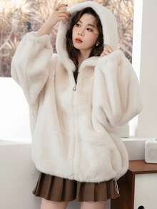 Thickened Short Hooded Faux Mink Fur Fabric - White - View 1