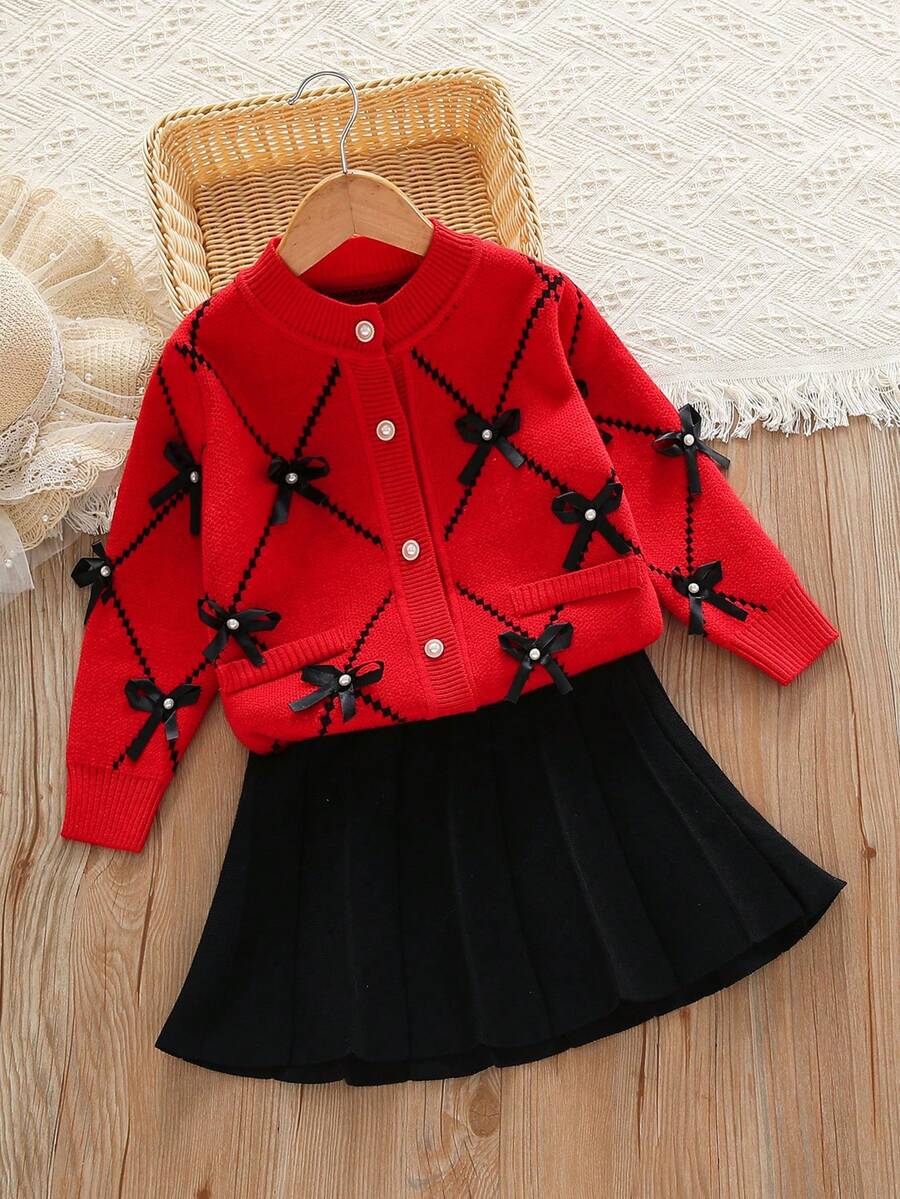 2pcs Girls Bow Decor Knitted Cardigan Sweater & A-Line Skirt Set, Elegant Fashion Cute, Round Neck Long Sleeve Warm Top & Skirt, Collegiate Style, Autumn/Winter - Red - View 1