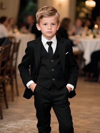 Boys Christmas Outfit 4-Piece Boys Suits For Wedding Blazer, Vest, Pants , Tie, Suitable For Elegant Birthday Party, Wedding, Anniversary, Christening