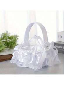 1个优雅白色蕾丝婚礼花篮，带蝴蝶结 - 便携式仪式装饰、新娘礼物、派对用品、手工饰品、婚礼配饰，非常适合婚礼季、情人节婚礼花篮