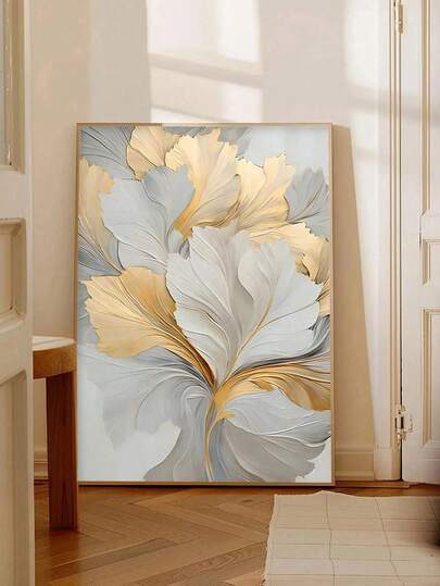 1 st, väggdekoration med abstrakta gyllene löv utan ram, elegant konsttryck, dekorativ konst i mjuka färger, heminredning, rumsaccessoarer, poster, perfekt present, lämplig för vardagsrum, sovrum, badrum, kaféer