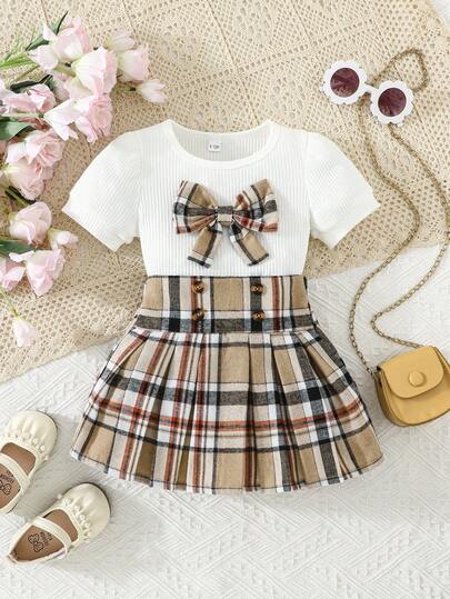 2pcs/Set Summer Baby Girls Casual Cute Knit T-Shirt With Plaid Bow Matched Plaid Skirt Outfit