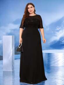 XUIBOL Plus Size Sequined Accent Mesh Cocktail Evening Dress Black Elegant Formal Prom Wedding Guest Gown, For Graduation, Dinner - Black - View 3
