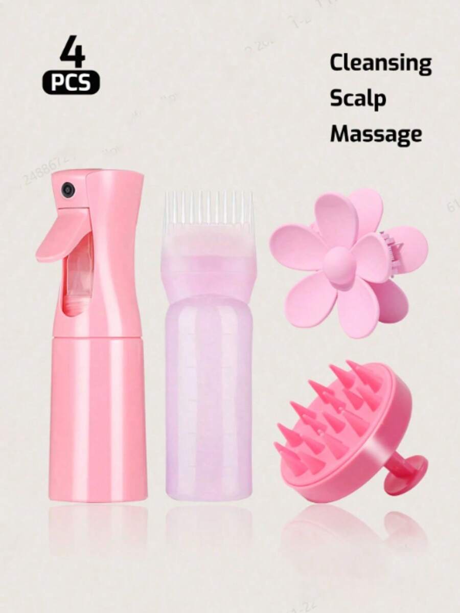 4Pcs Hair Clean Set,Continuous Spray Bottle(200ml), Silicone Scalp Massager,Shampoo Brush,Root Comb Applicator Bottle, Scalp Massager Shampoo Brush With Flower Hair Clip, Applicator Bottle For Hair Dye Applicator Bottle With Graduated