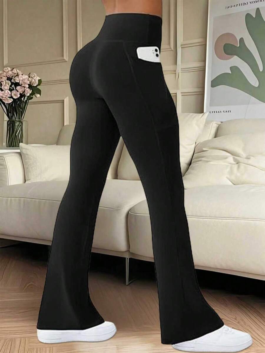 Women's High Waist Solid Flared Sports Yoga Pants Leggings Running Fitness Pants With Cell Phone Pocket - Black - View 1