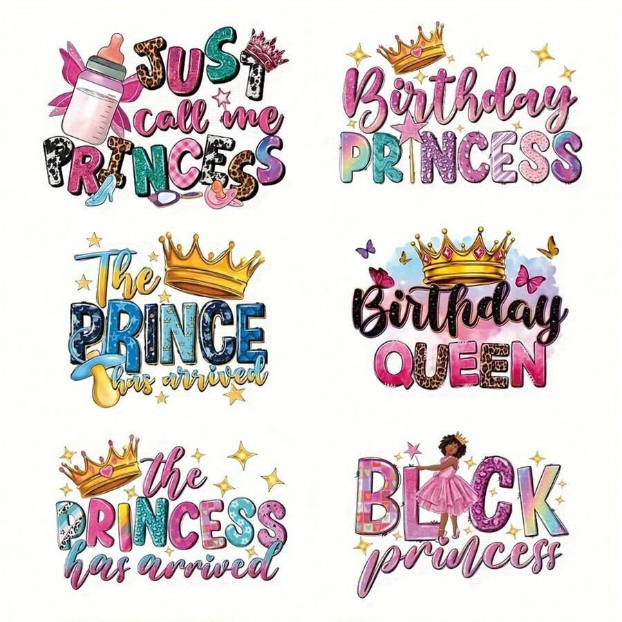 YVINNDY Princess & Queen Iron-On Transfers - DIY Vinyl Patches With "Birthday Princess" & "Birthday Queen" Designs, Leopard Print, Stars & Butterflies - Heat Transfer For T-Shirts, Hoodies, Clothing (Vibrant Colors, Durable) - 彩色 - 查看 1