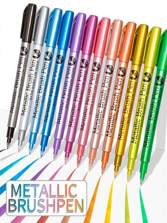 一套12支金属色油性马克笔，多种颜色，粗细可调，适用于岩石、画布、木材、玻璃、金属、石头和陶瓷等材质的绘画。