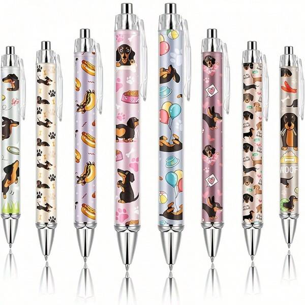 1/4/8/16支装可爱腊肠犬圆珠笔，女士适用 - 可伸缩细尖，书写流畅，耐用塑料材质，办公学习用品，色彩缤纷的腊肠犬图案，学生和老师的完美礼物，可爱笔身，专业书写工具