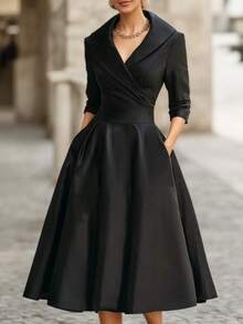 Women's Elegant Satin Solid Color A-Line Waist Cinched Long Sleeve Midi Dress, Comfortable Casual Wear For Evening Dates, Black