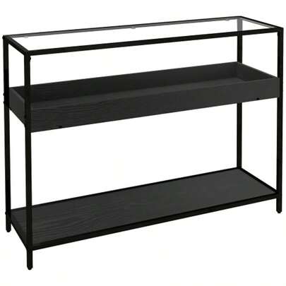 HOMCOM Console Table With 2 Shelves, Hall Table With Glass Top And Shoe Rack, Steel, Black, 100 X 30 X 78 Cm