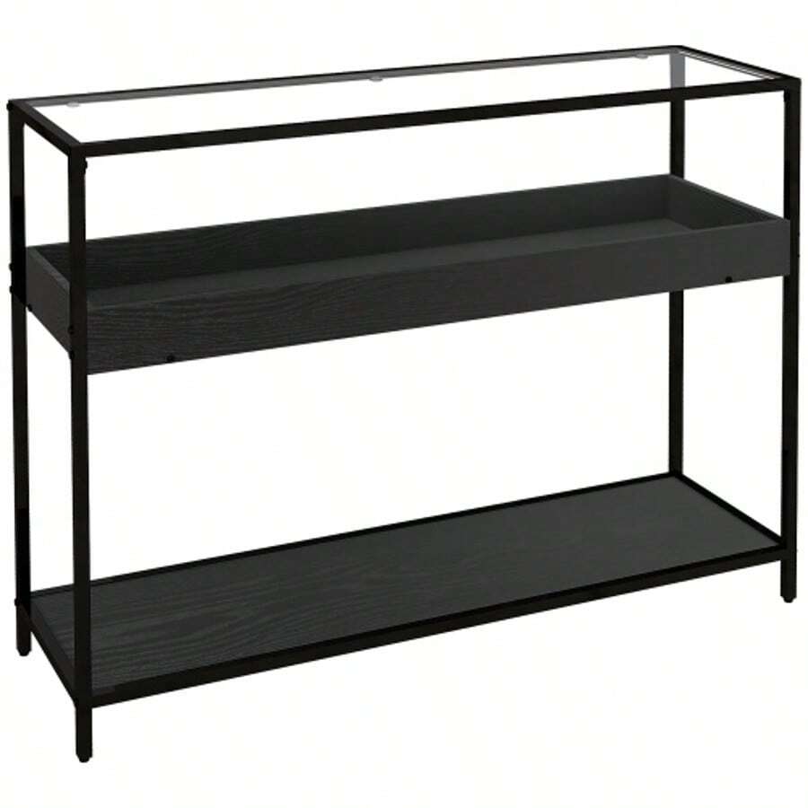 HOMCOM Console Table With 2 Shelves, Hall Table With Glass Top And Shoe Rack, Steel, Black, 100 X 30 X 78 Cm - Black - View 1