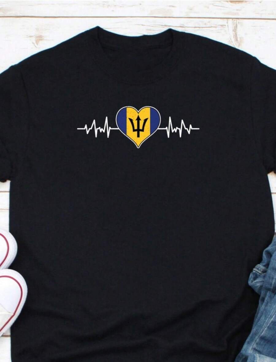 Barbados Heart Flag Shirt, Barbados Shirt, Barbados Gift, Barbadian Shirt, Barbados Heart Shirt, Bar - 黑色 - 查看 1