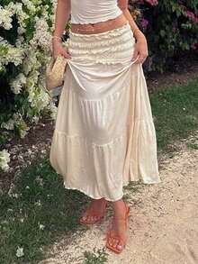 女士夏季浪漫优雅波西米亚风荷叶边系腰半身裙，适合日常穿着、通勤、约会、夏季海滩度假、节日庆典、派对、街头摄影 - 杏色 - 查看 4