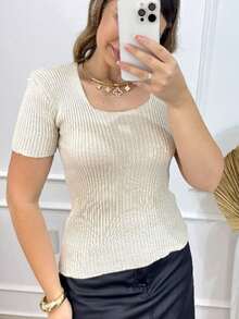 Women's Basic Ribbed Knit Short Sleeve Casual Square Neck Blouse - Dunes - View 3