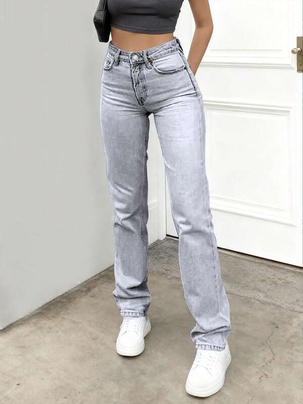 NVFelix Neue Herbstkleidung - Y2K Streetwear Jeans für Damen mit hoher Taille und geradem Bein - Bequem, Vintage, vielseitig, schlanke Denimjeans - Perfekt für den täglichen Gebrauch und für legere Anlässe, Hellgrau