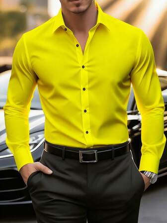 男士时尚休闲商务通勤立领纯色纽扣长袖衬衫，男士正装修身衬衫，纯色衬衫。适合日常穿着、通勤、郊游、聚会，可搭配西装裤或西装，适合派对、婚礼、蜜月等场合。可作为礼物送给儿子、丈夫、男朋友或父亲。
