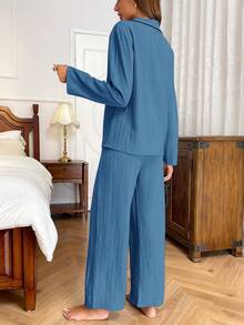 Nina Bonheur 2pcs Women Loose Front Button Long Sleeve Shirt + Elastic Waist Straight Leg Pants Pajama Sleepwear Set - Dusty Blue - View 5