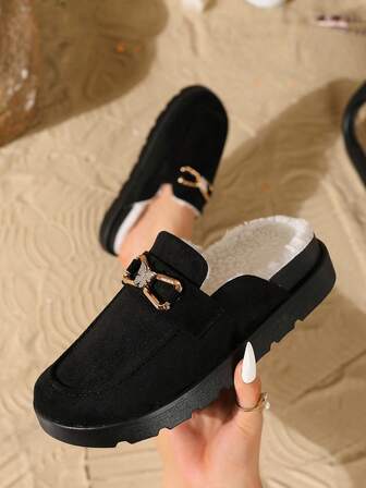 5cm Thick Sole Slip-On Warm Lined Slippers For Women, Retro Style, Fashion Diamond Buckle Decor Mule Shoes, Suitable For Indoor & Outdoor Wear In Winter