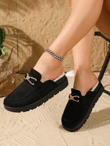 Women's Thick Sole Closed Toe Mule Slippers, Rhinestone Metal Buckle Decor, Suede Lining, Minimalist Commuter Style, Autumn/Winter, Outdoor Shopping Home Slip-On Sandals - Black - View 2
