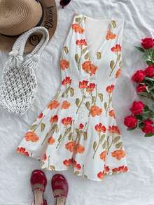 Women's Floral Print Bohemian Elegant Casual Vacation Fitted Wide Leg Jumpsuit, Summer - Multicolor - View 1