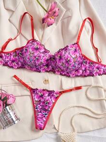 Set de lenjerie intimă sexy Style Dream 2 piese pentru femei, include sutien și chiloți, culoare fuchsia vibrantă cu inele de oțel, potrivit pentru Ziua Îndrăgostiților, Crăciun, festivaluri de muzică, petreceri - Violet Roșu - Vizualizare 1