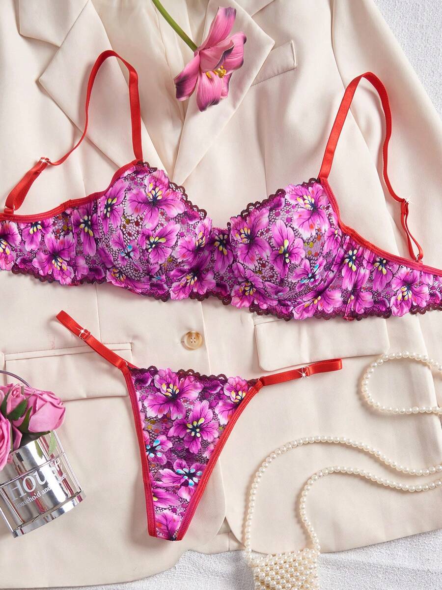 Set de lenjerie intimă sexy Style Dream 2 piese pentru femei, include sutien și chiloți, culoare fuchsia vibrantă cu inele de oțel, potrivit pentru Ziua Îndrăgostiților, Crăciun, festivaluri de muzică, petreceri - Violet Roșu - Vizualizare 1