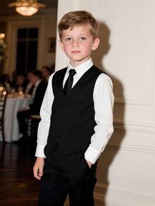 Boys Christmas Outfit 4-Piece Boys Suits For Wedding Blazer, Vest, Pants , Tie, Suitable For Elegant Birthday Party, Wedding, Anniversary, Christening - Black - View 3
