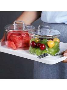 1pc Glass Food Storage Container With Lid, Airtight Leak-Proof, Heat Resistant, Fruit & Snack Organizer, Kitchen Salad Bowl - Clear - View 6